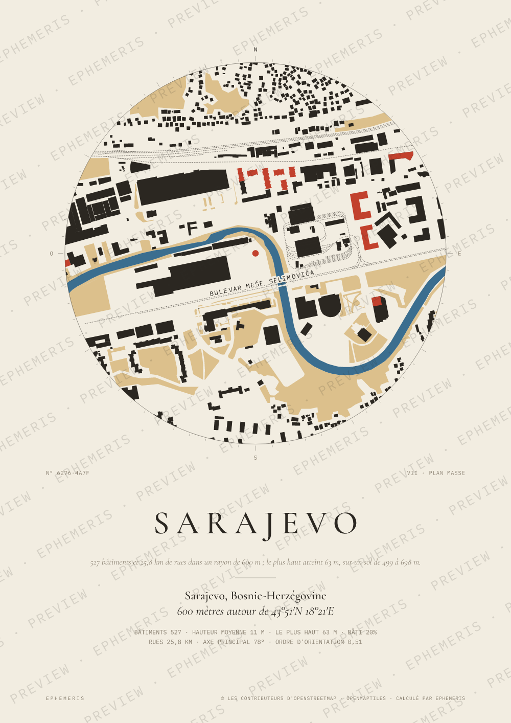 Affiche carte de Sarajevo : la ville dessinée en plan