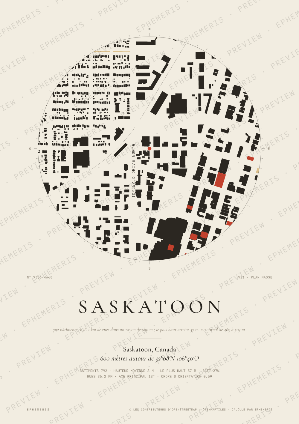 Affiche carte de Saskatoon : la ville dessinée en plan