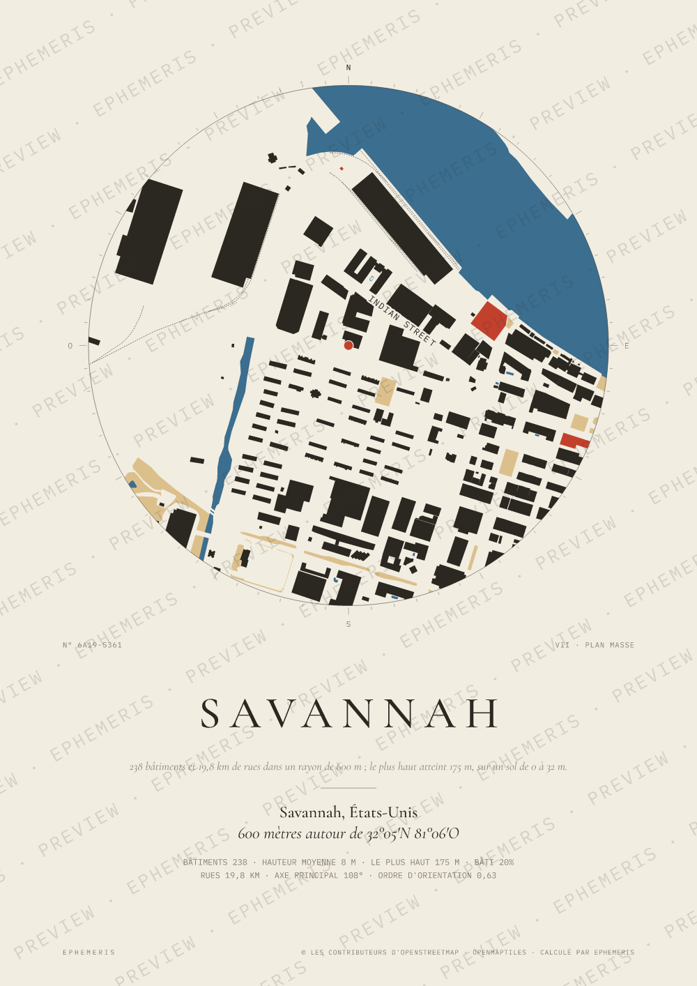 Affiche carte de Savannah : la ville dessinée en plan