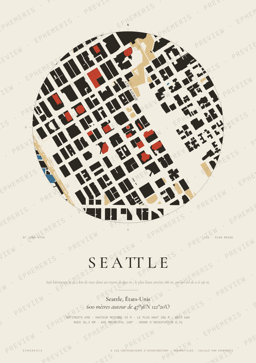 Affiche carte de Seattle : la ville dessinée en plan