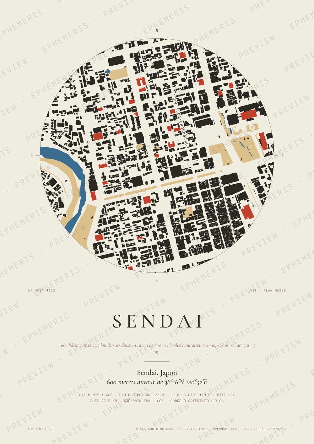 Affiche carte de Sendai : la ville dessinée en plan