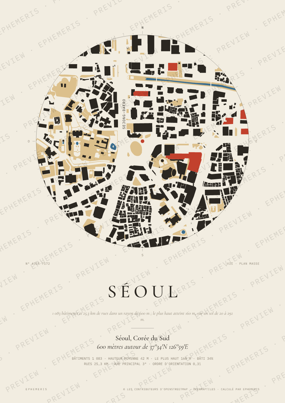 Affiche carte de Séoul : la ville dessinée en plan