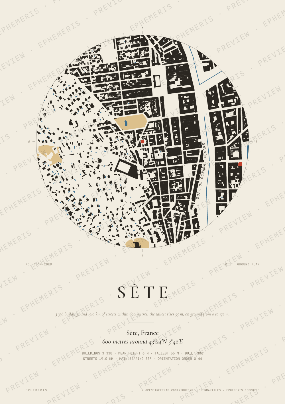 Sète map poster: the city drawn as a plan