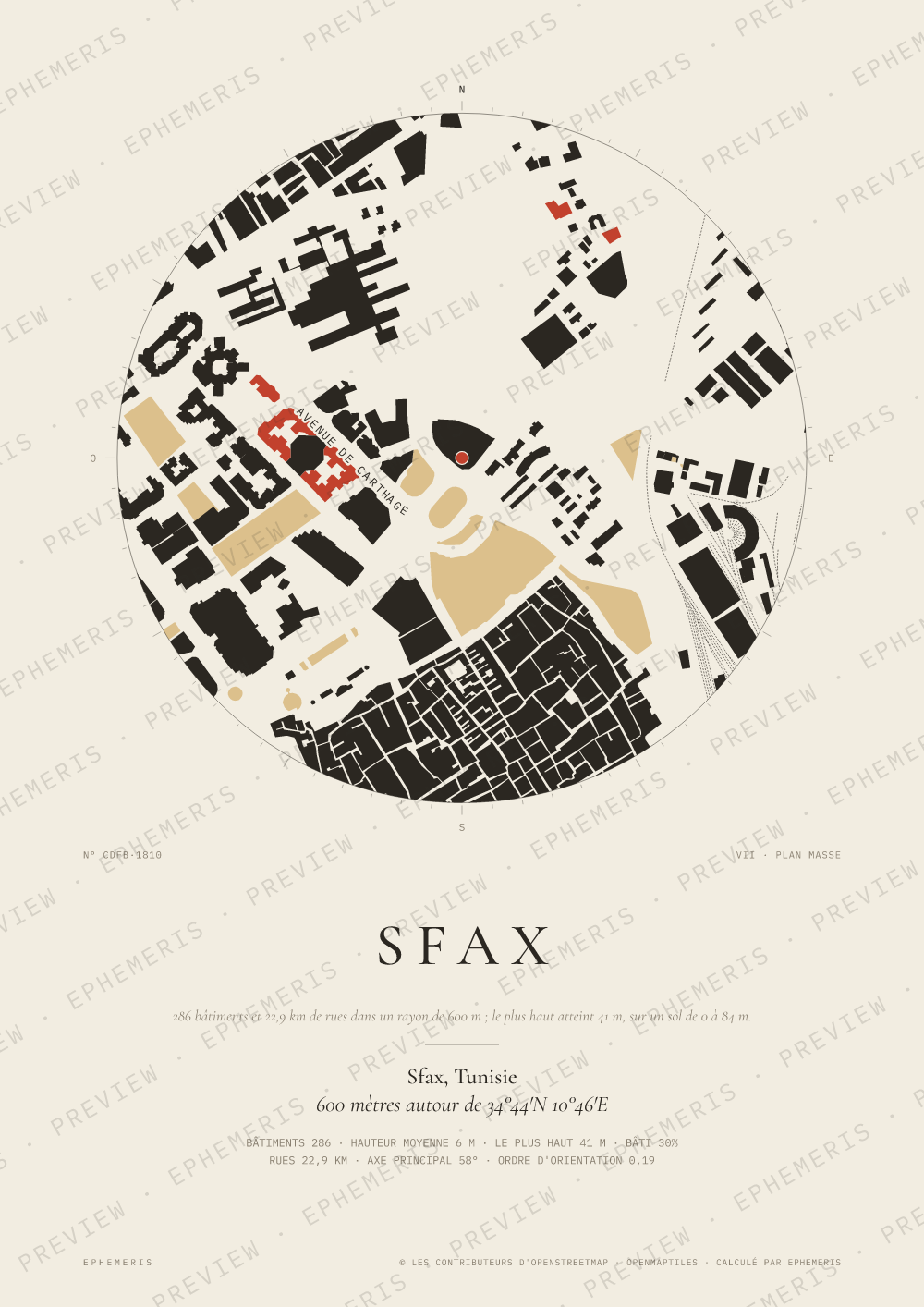 Affiche carte de Sfax : la ville dessinée en plan