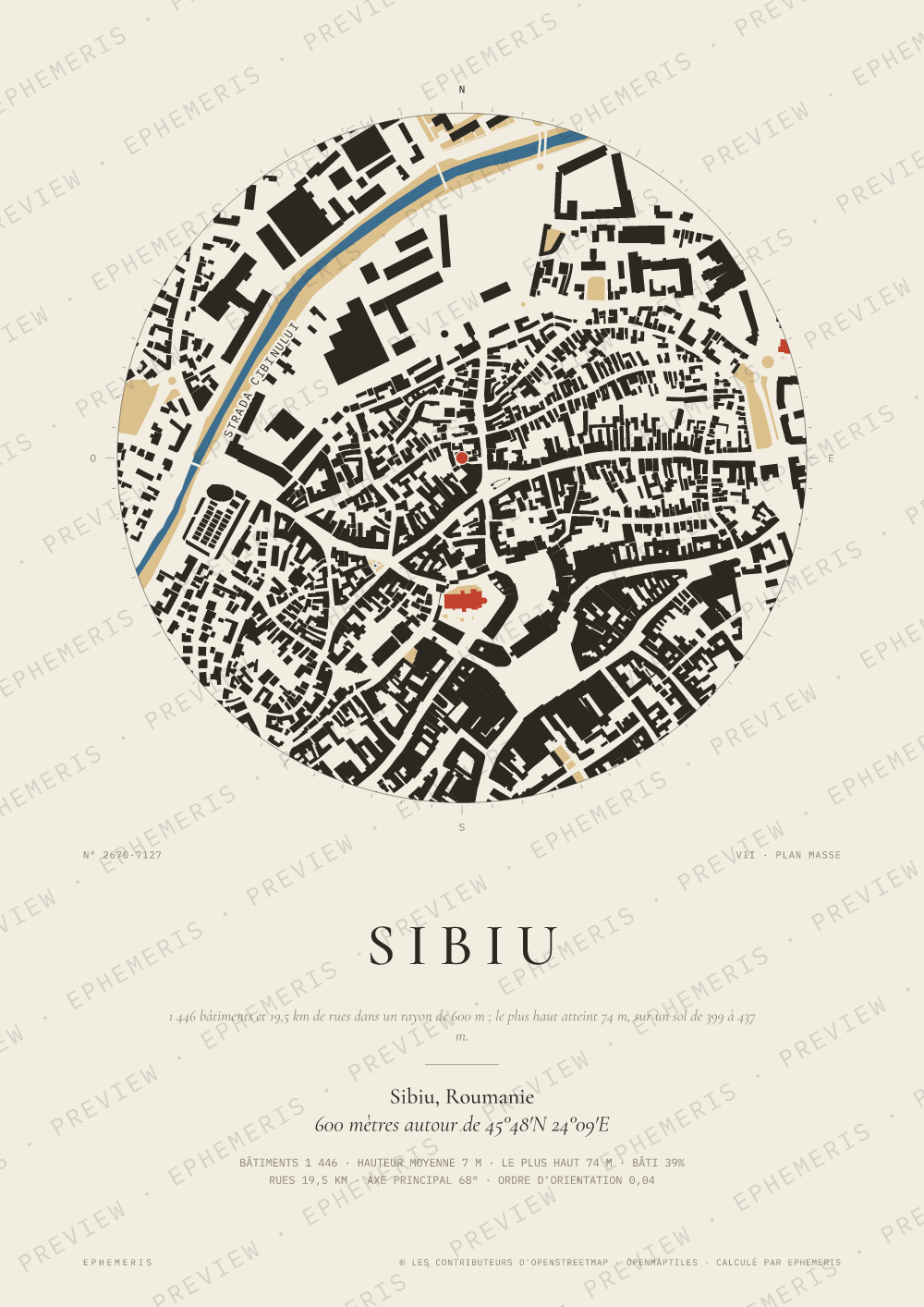 Affiche carte de Sibiu : la ville dessinée en plan