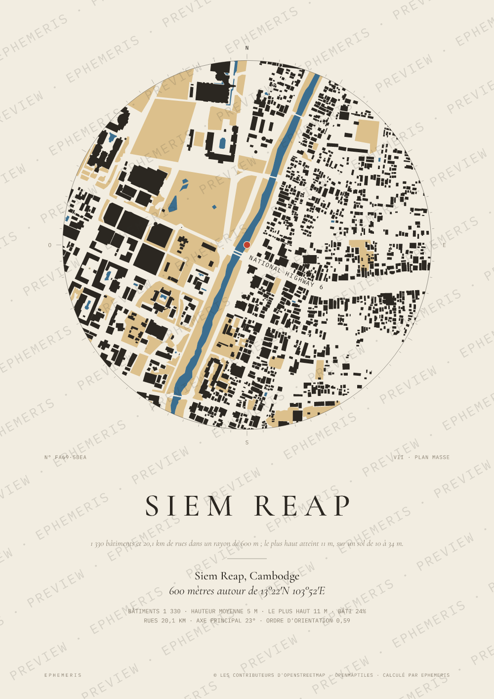 Affiche carte de Siem Reap : la ville dessinée en plan