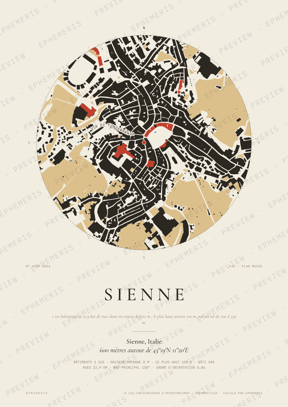 Affiche carte de Sienne : la ville dessinée en plan