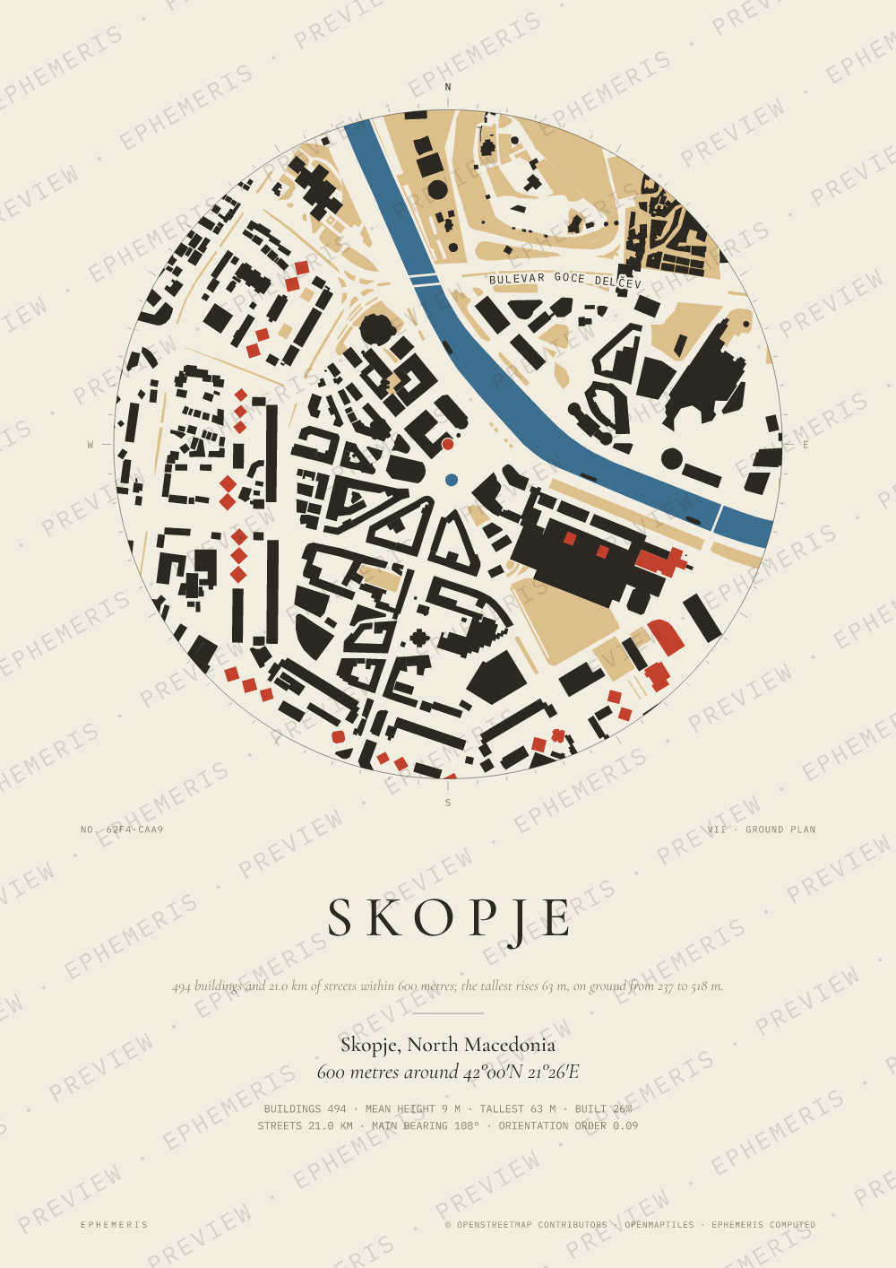 Skopje map poster: the city drawn as a plan