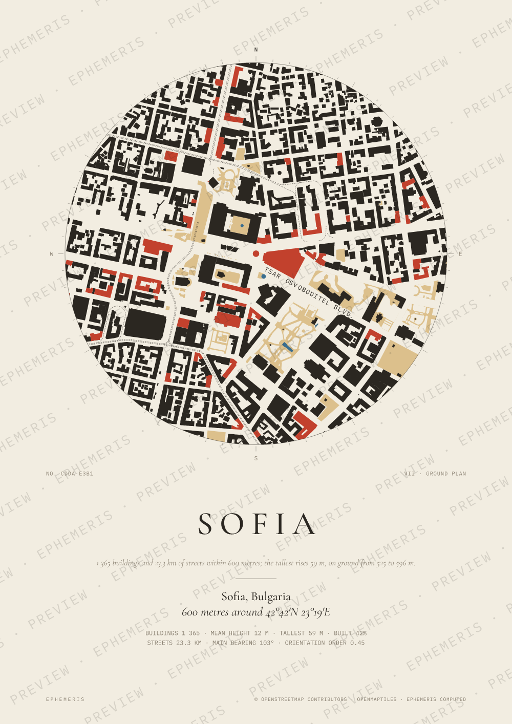 Sofia map poster: the city drawn as a plan