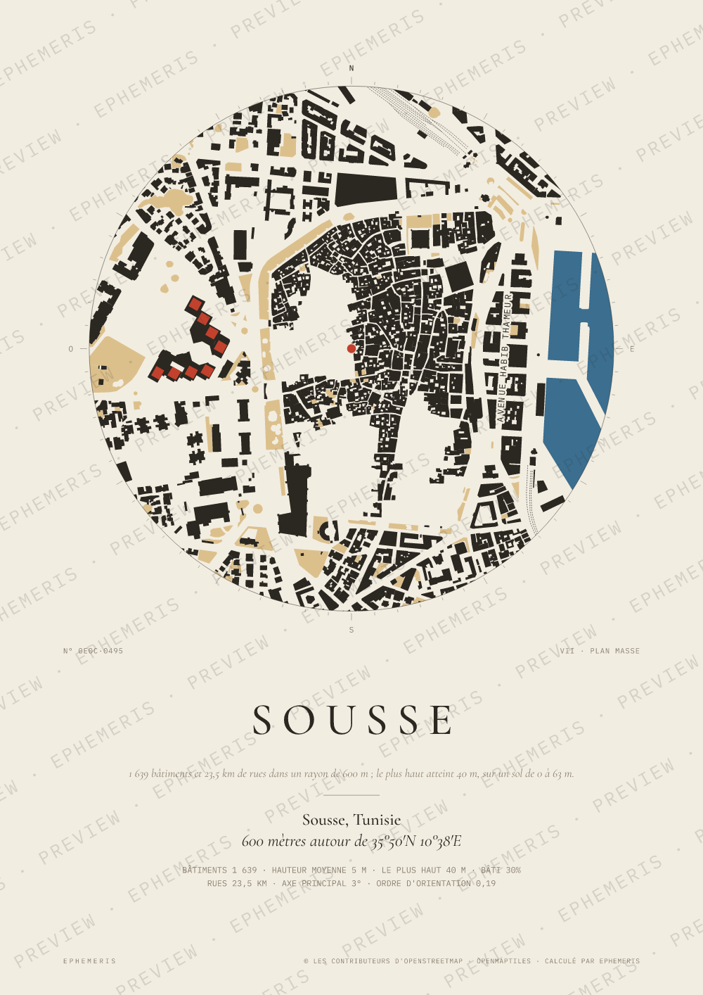 Affiche carte de Sousse : la ville dessinée en plan