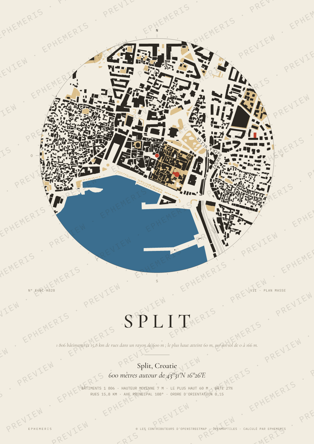 Affiche carte de Split : la ville dessinée en plan