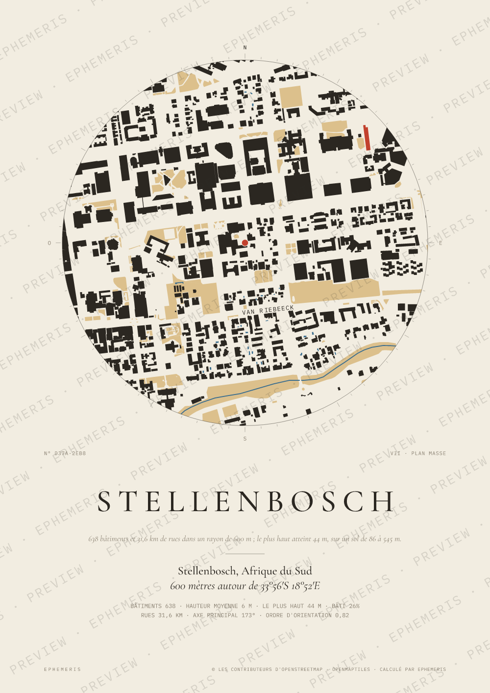 Affiche carte de Stellenbosch : la ville dessinée en plan
