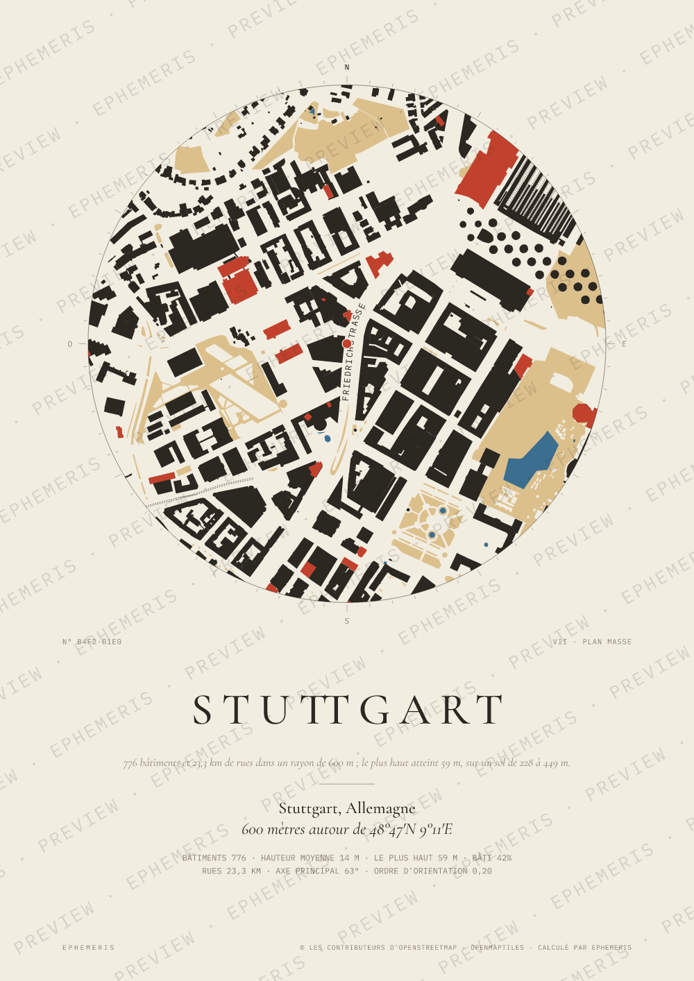 Affiche carte de Stuttgart : la ville dessinée en plan
