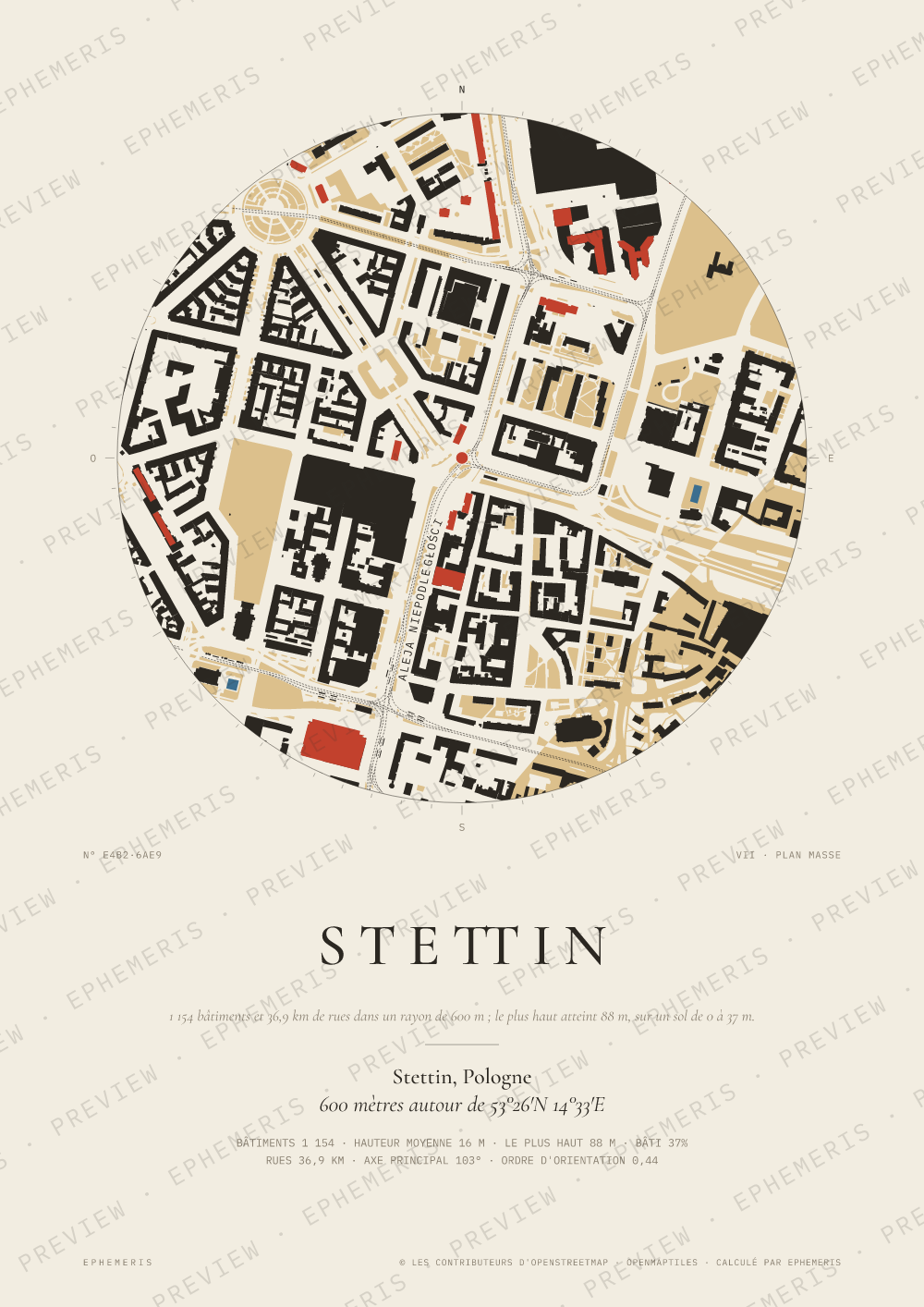 Affiche carte de Stettin : la ville dessinée en plan