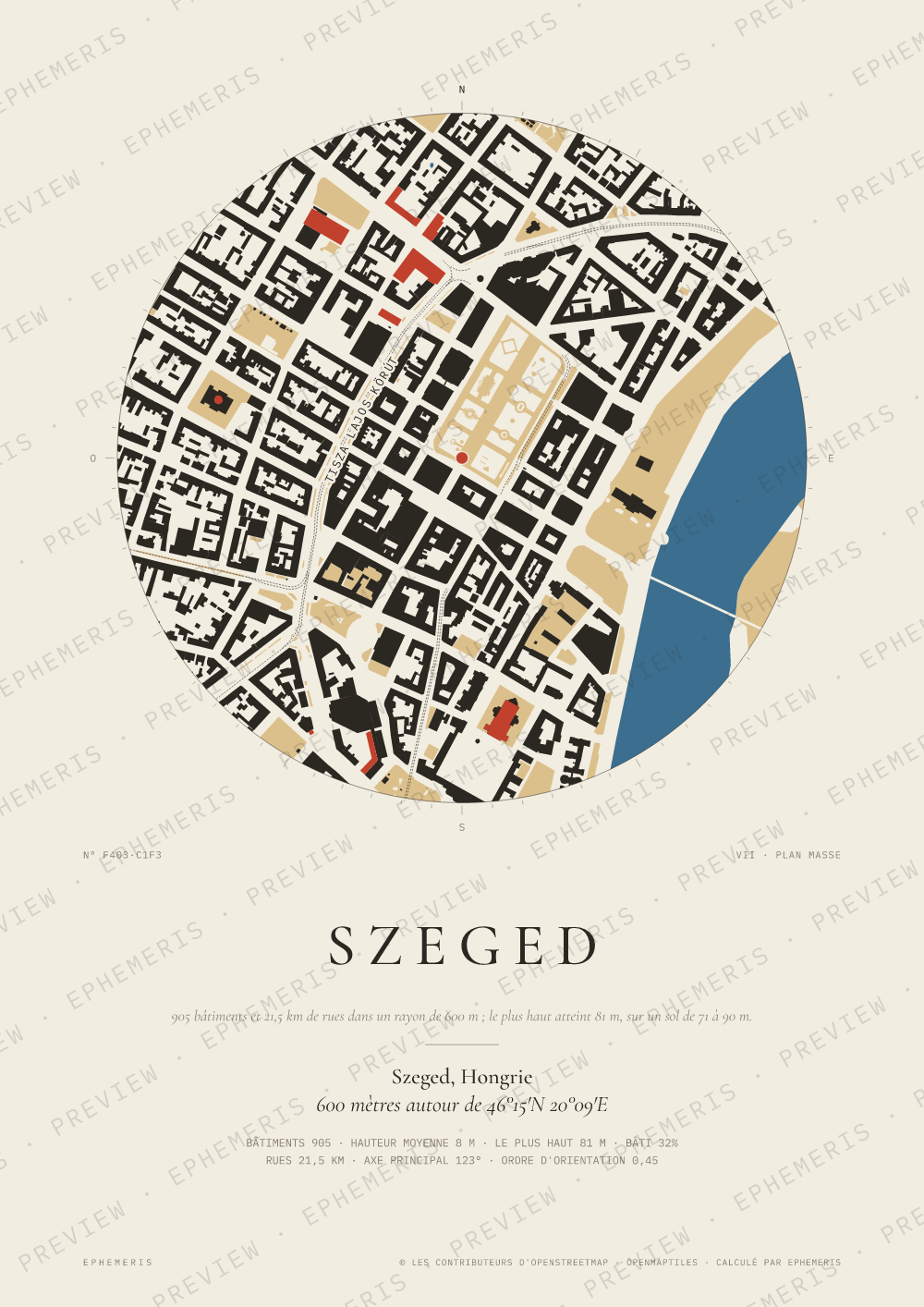 Affiche carte de Szeged : la ville dessinée en plan