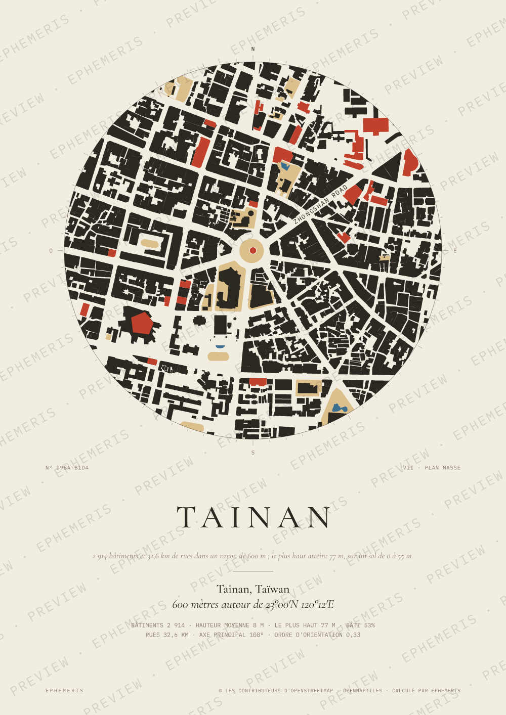 Affiche carte de Tainan : la ville dessinée en plan