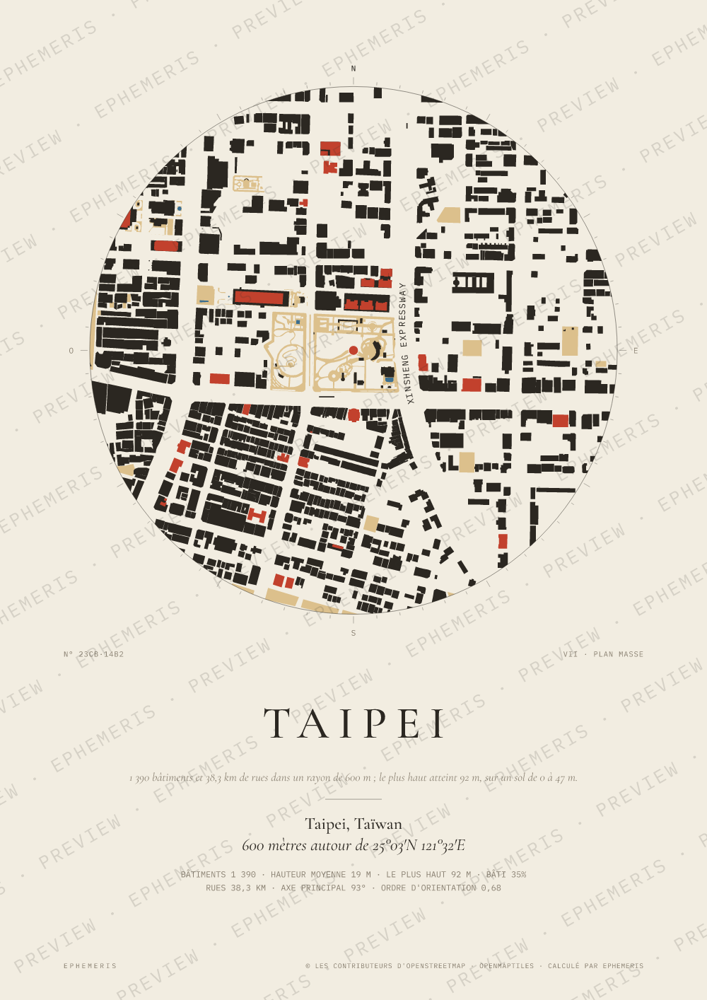 Affiche carte de Taipei : la ville dessinée en plan