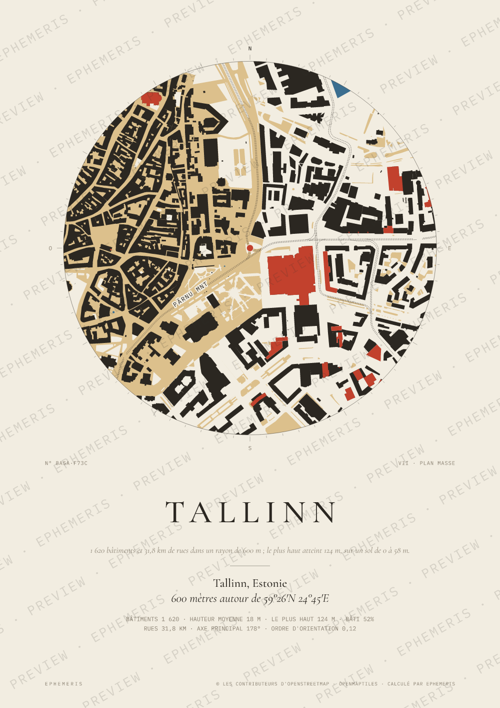 Affiche carte de Tallinn : la ville dessinée en plan