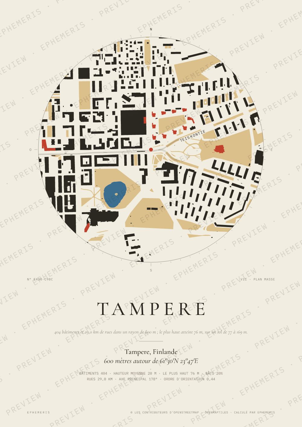 Affiche carte de Tampere : la ville dessinée en plan