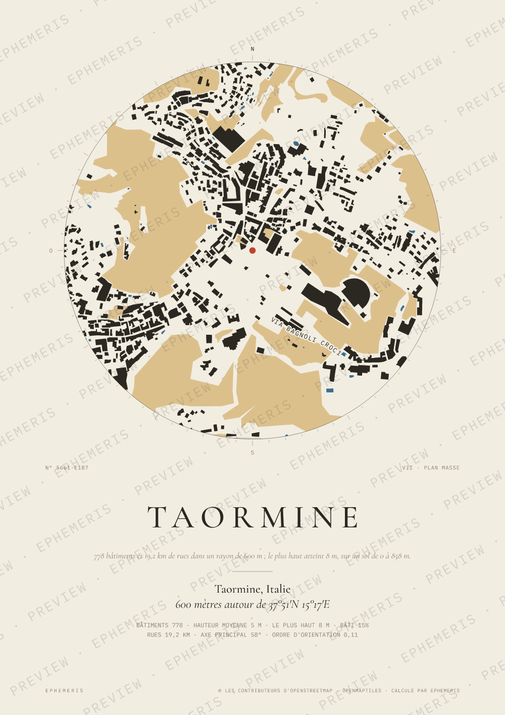 Affiche carte de Taormine : la ville dessinée en plan