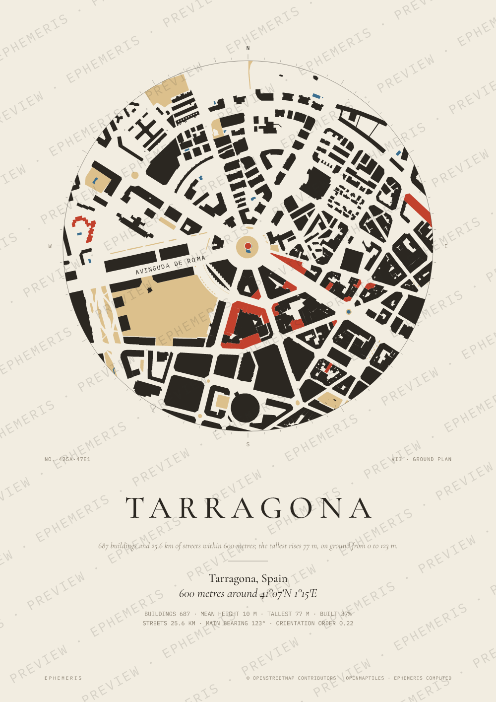 Tarragona map poster: the city drawn as a plan