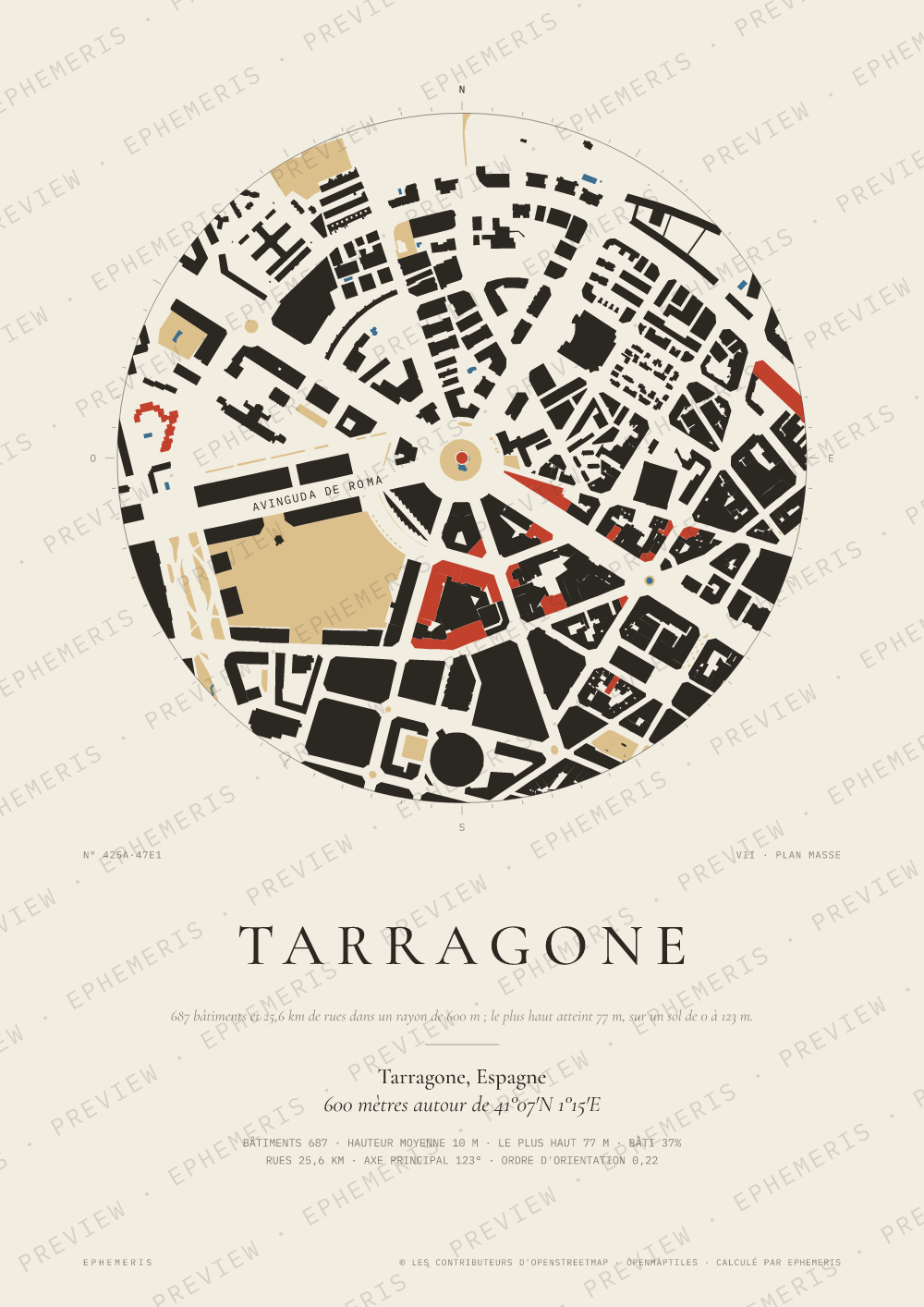 Affiche carte de Tarragone : la ville dessinée en plan