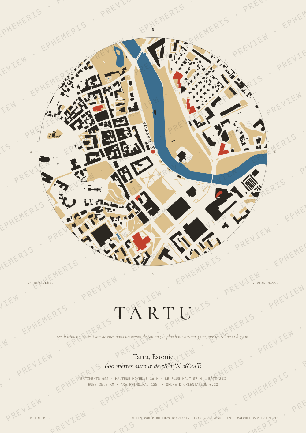 Affiche carte de Tartu : la ville dessinée en plan