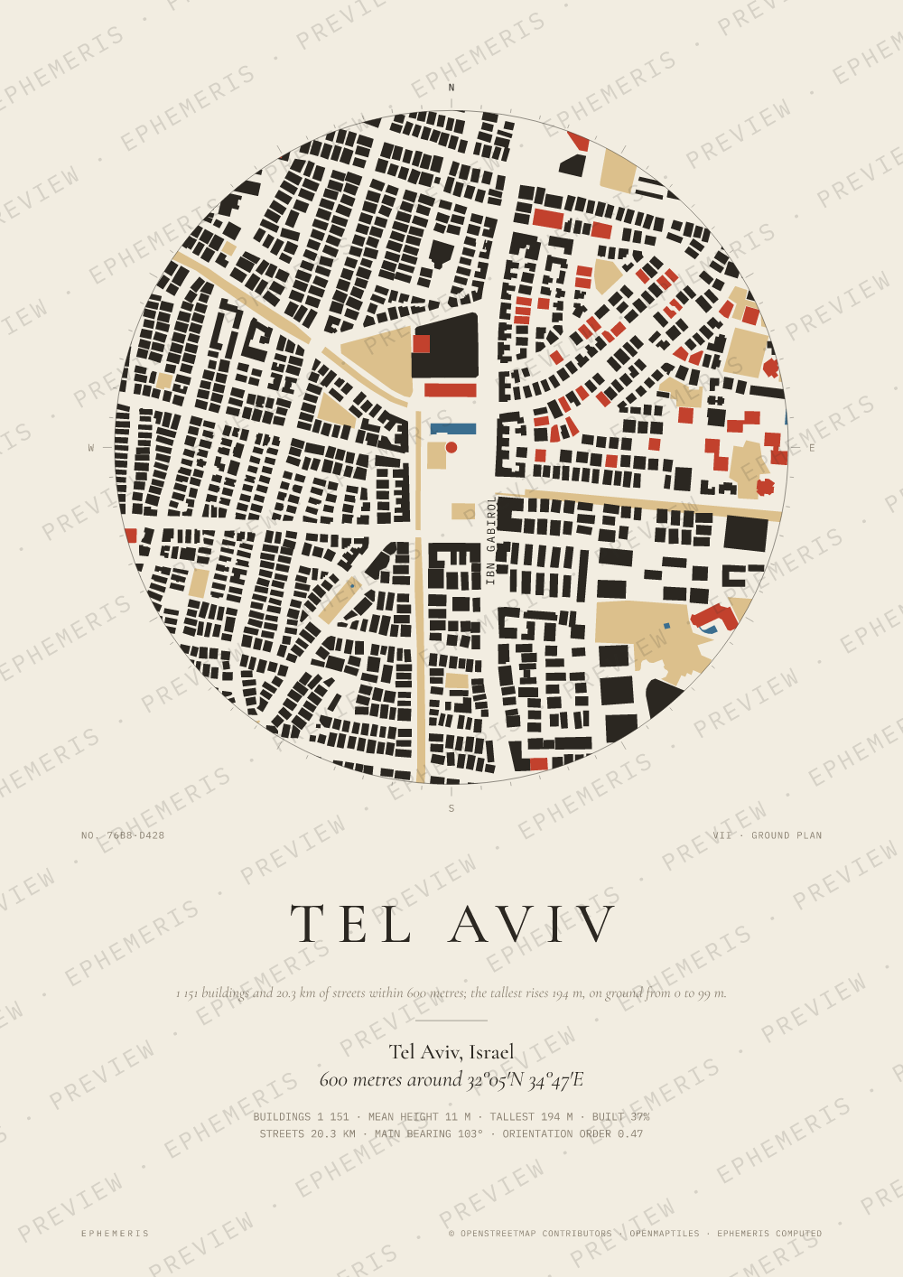 Tel Aviv map poster: the city drawn as a plan