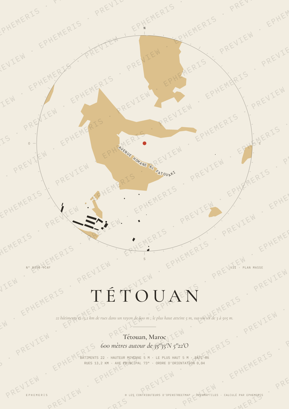 Affiche carte de Tétouan : la ville dessinée en plan