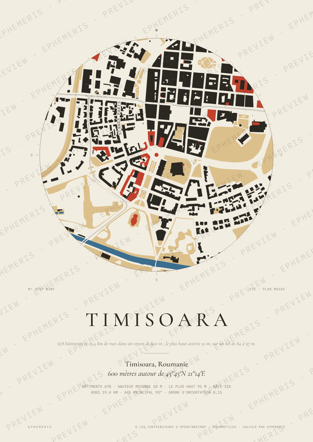Affiche carte de Timisoara : la ville dessinée en plan