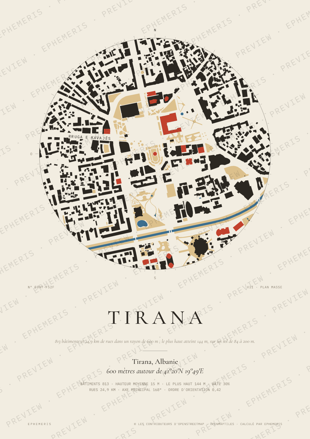 Affiche carte de Tirana : la ville dessinée en plan