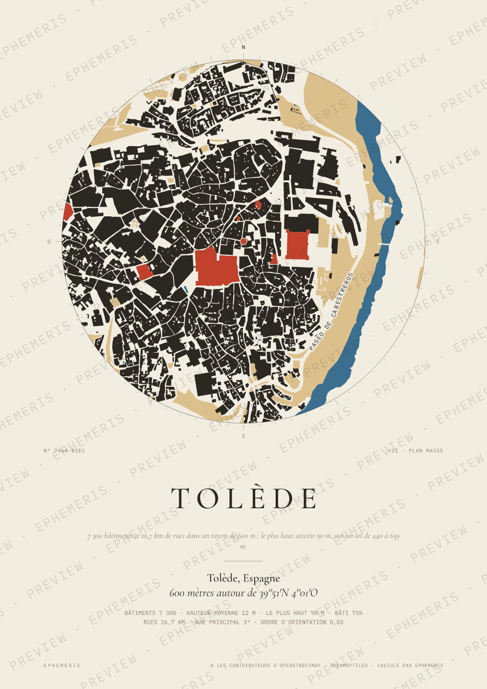 Affiche carte de Tolède : la ville dessinée en plan