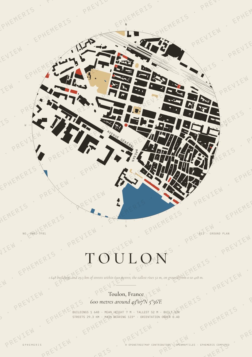 Toulon map poster: the city drawn as a plan