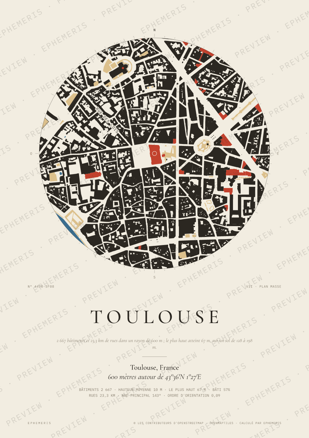 Affiche carte de Toulouse : la ville dessinée en plan