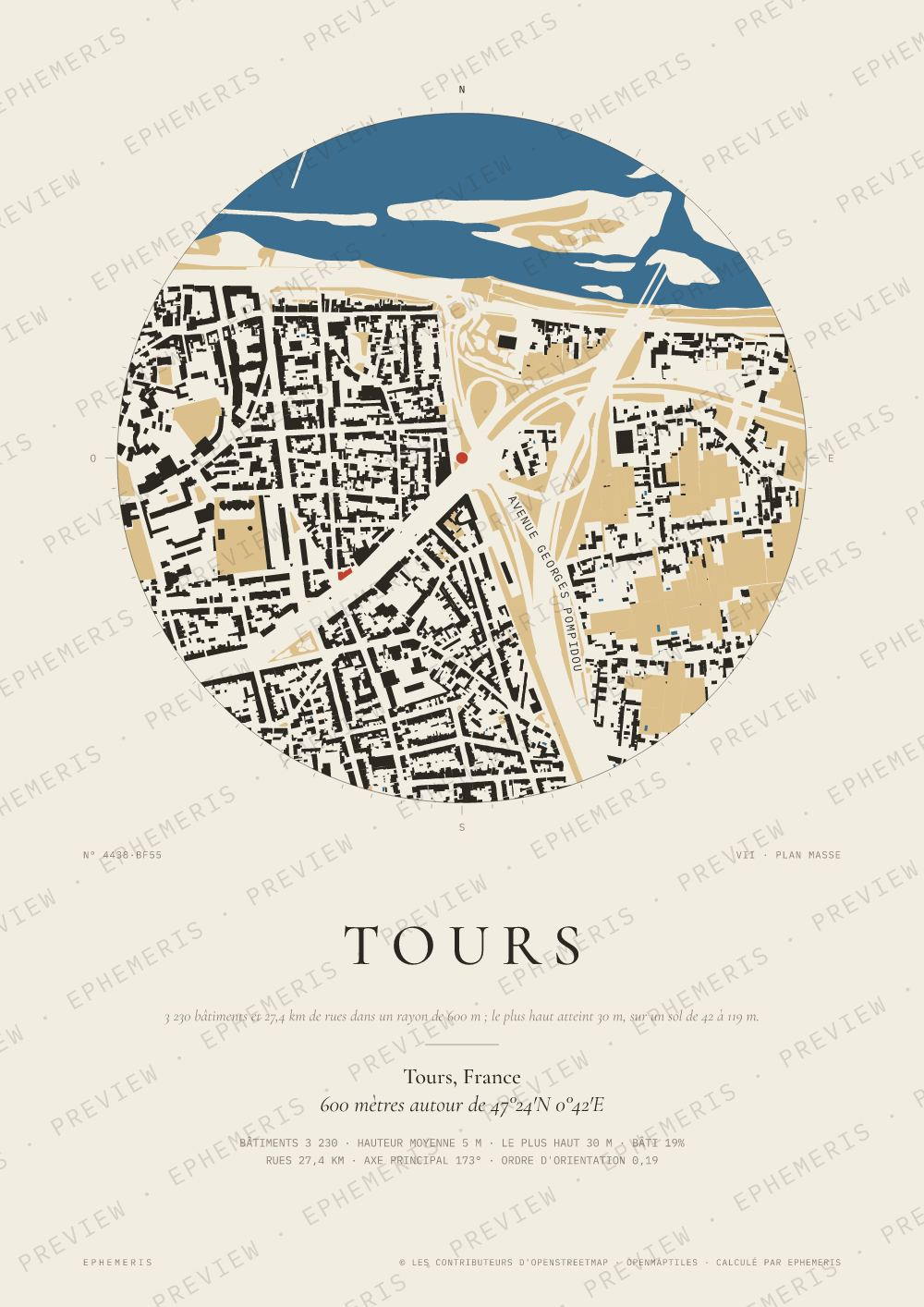 Affiche carte de Tours : la ville dessinée en plan