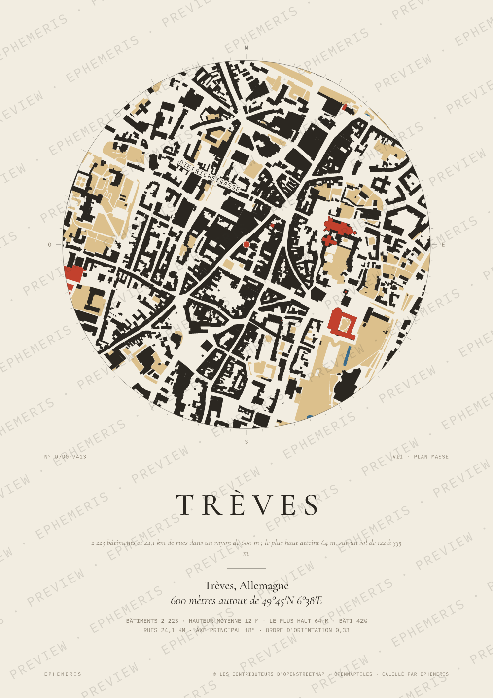 Affiche carte de Trèves : la ville dessinée en plan