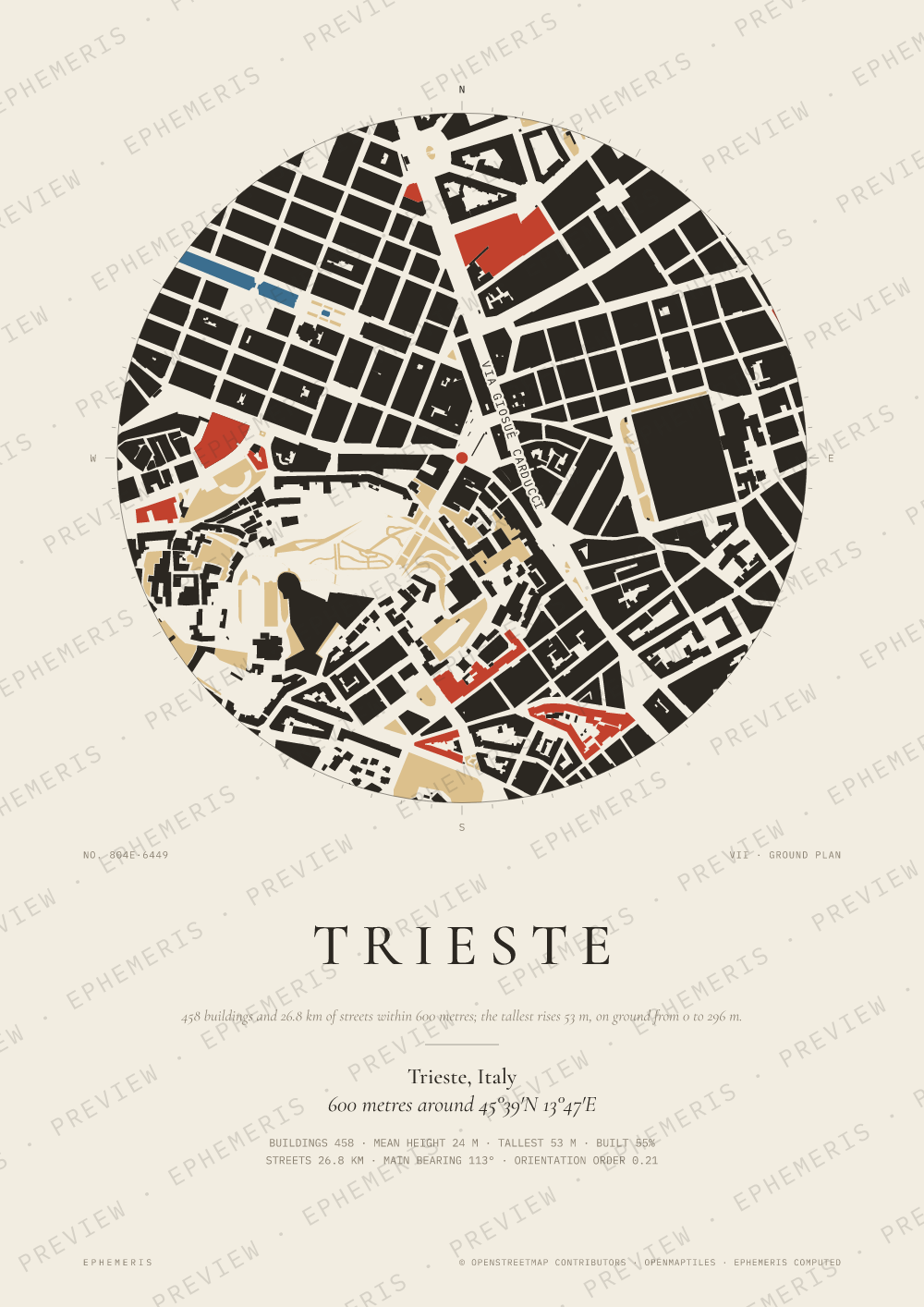 Trieste map poster: the city drawn as a plan