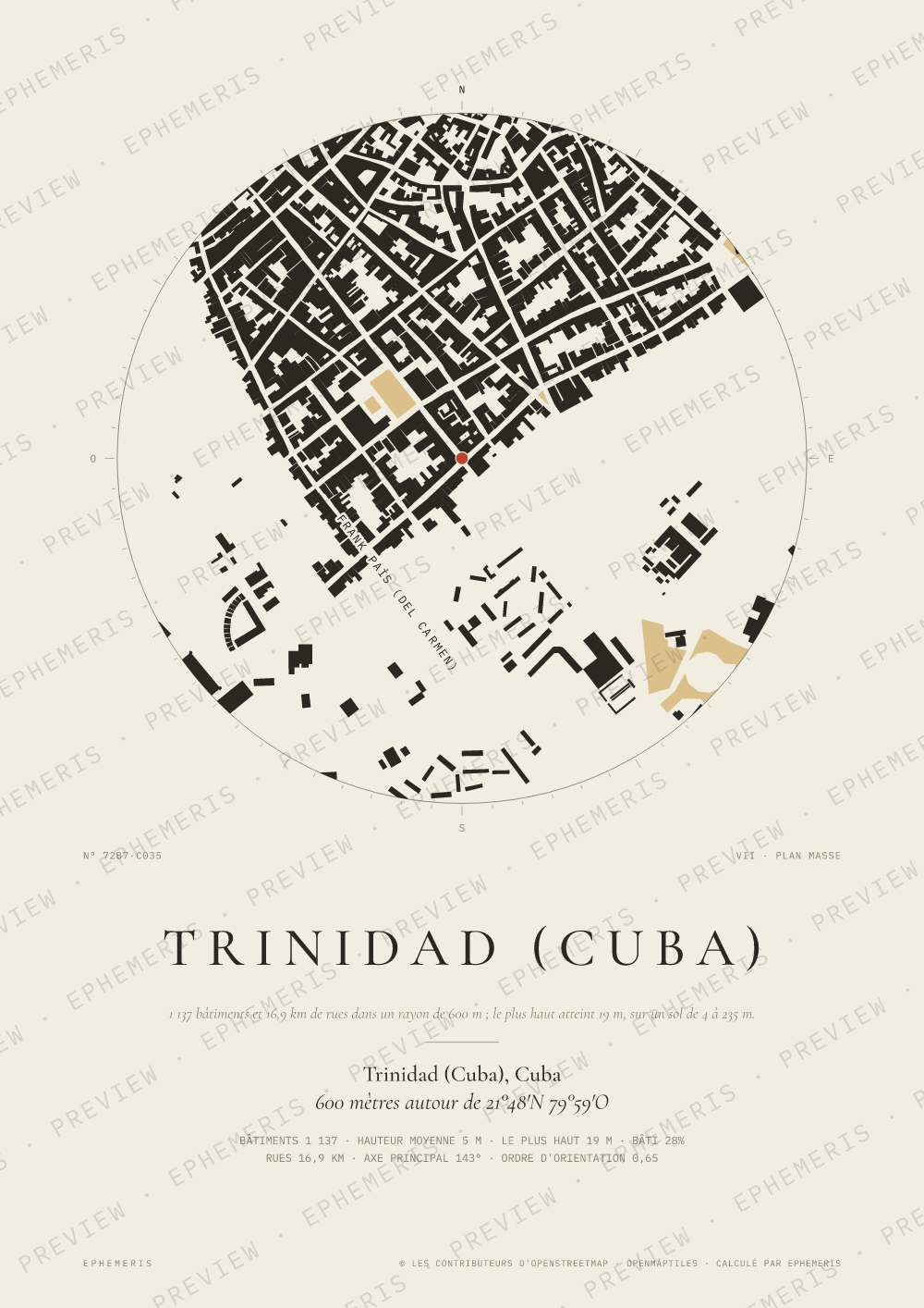Affiche carte de Trinidad (Cuba) : la ville dessinée en plan