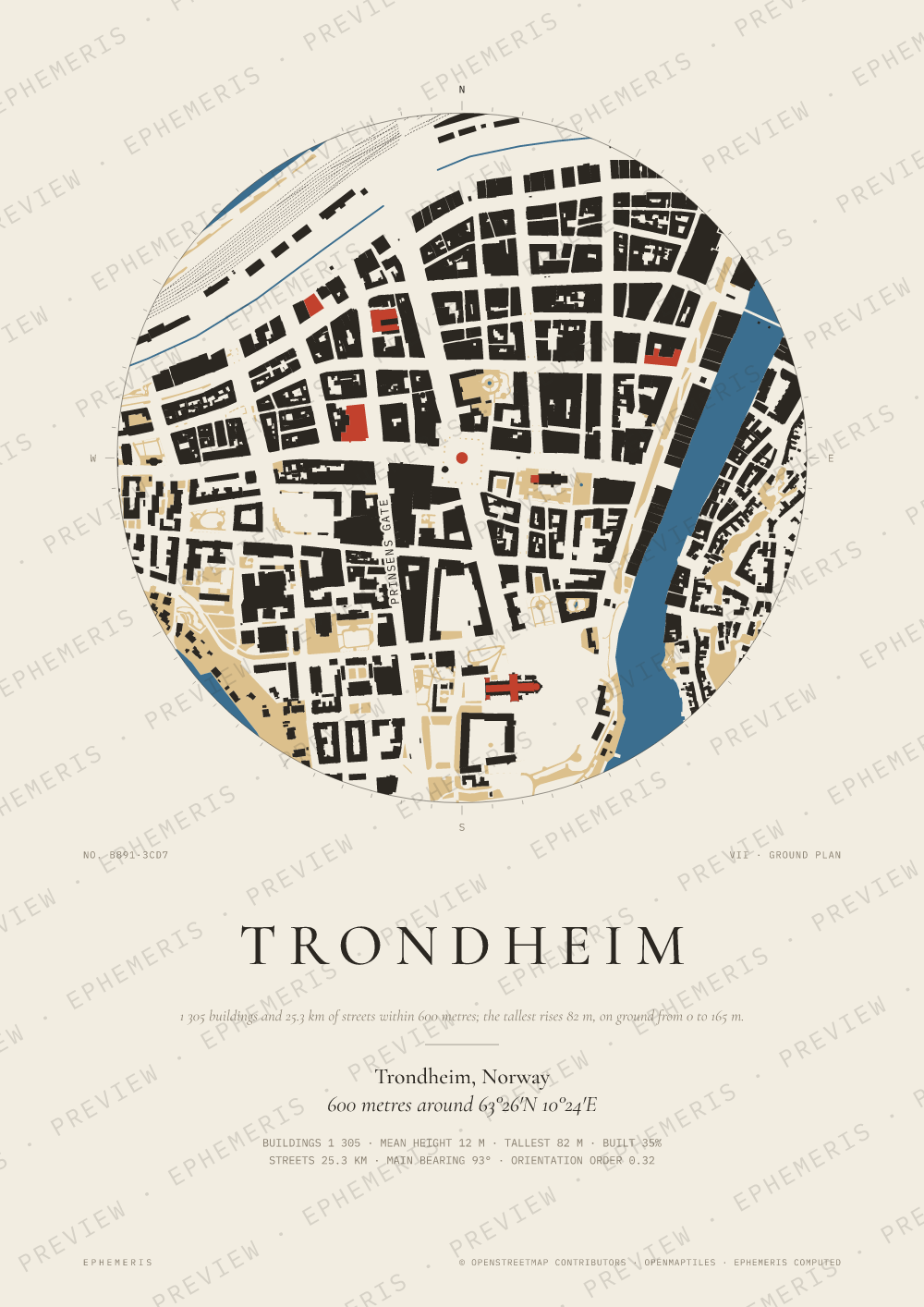 Trondheim map poster: the city drawn as a plan