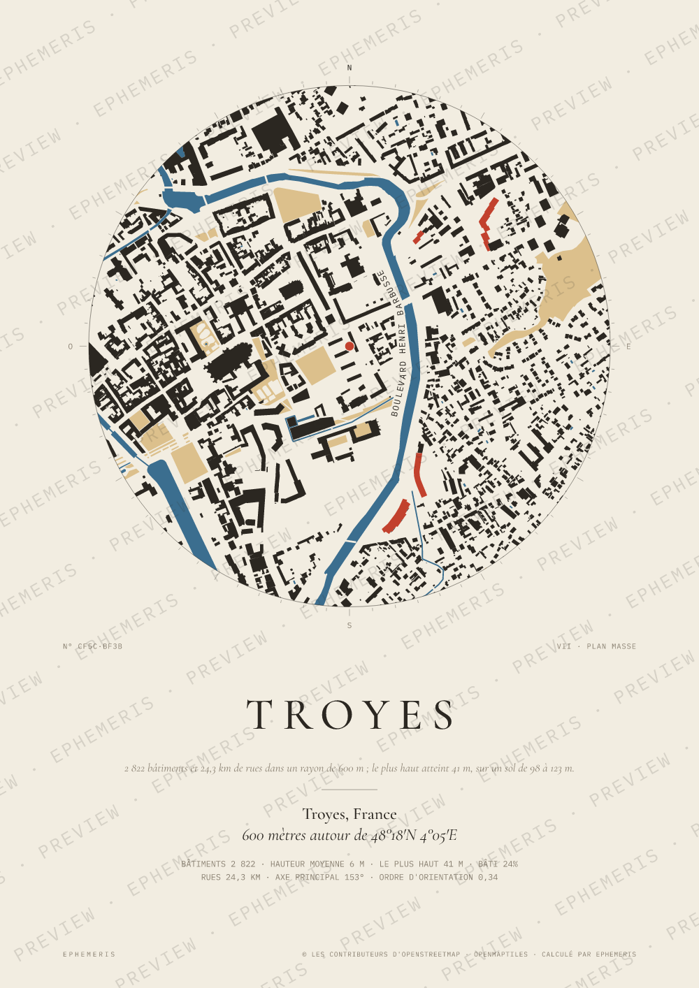 Affiche carte de Troyes : la ville dessinée en plan