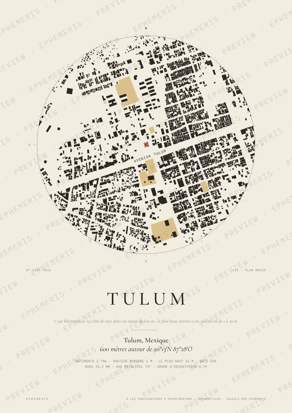 Affiche carte de Tulum : la ville dessinée en plan