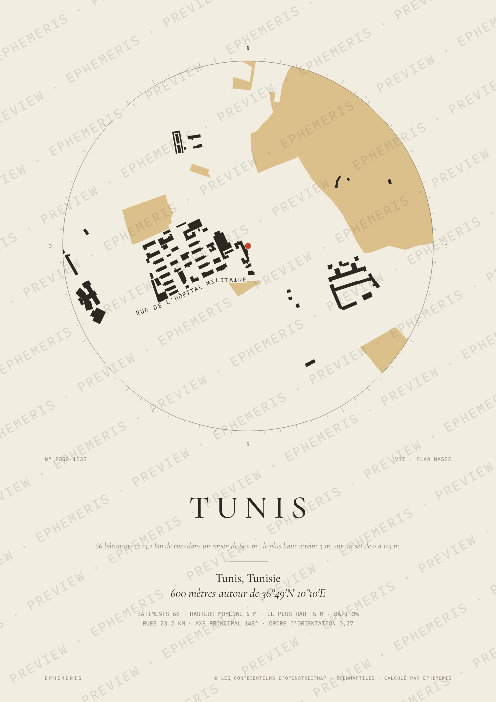 Affiche carte de Tunis : la ville dessinée en plan