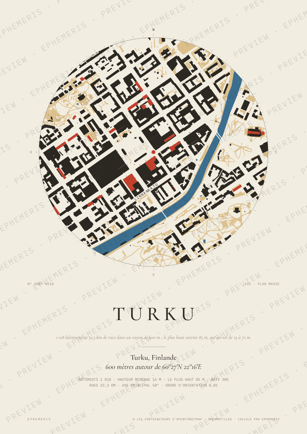 Affiche carte de Turku : la ville dessinée en plan