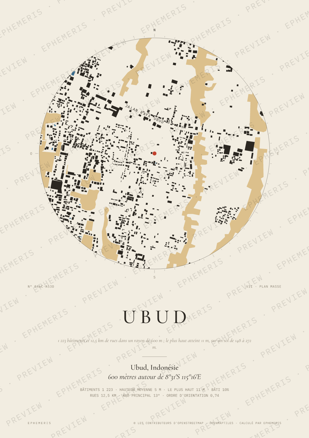 Affiche carte de Ubud : la ville dessinée en plan