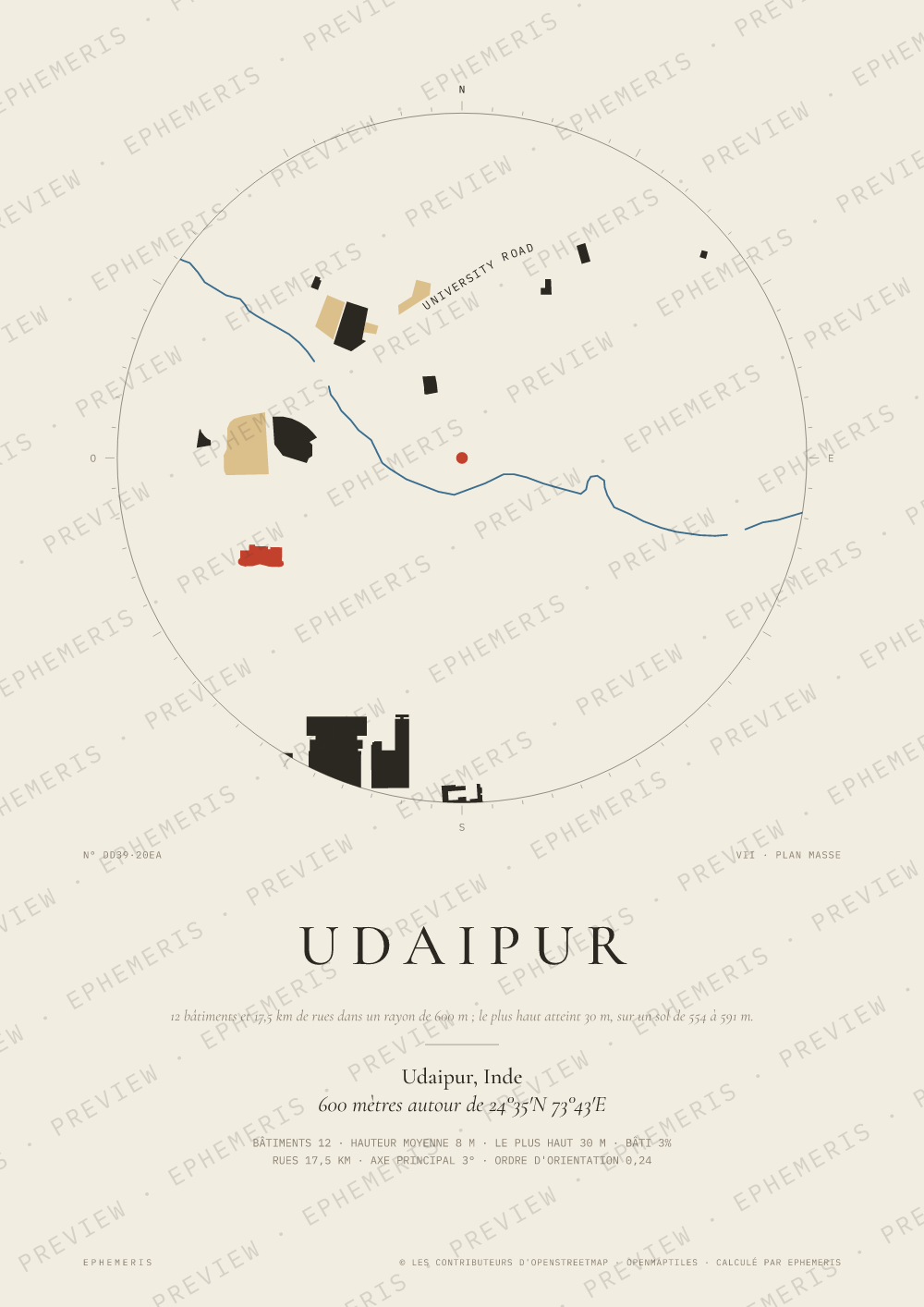 Affiche carte de Udaipur : la ville dessinée en plan