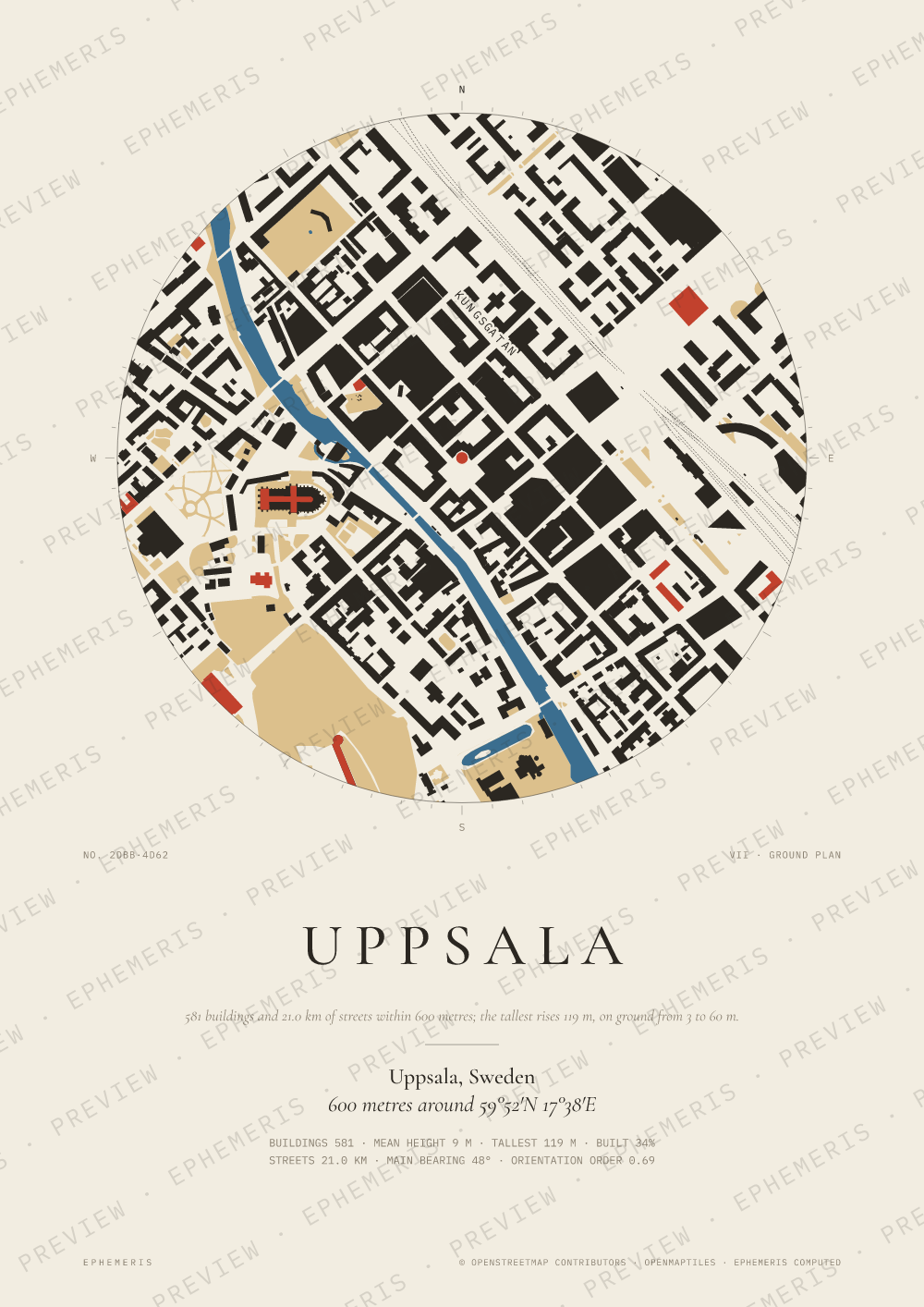 Uppsala map poster: the city drawn as a plan