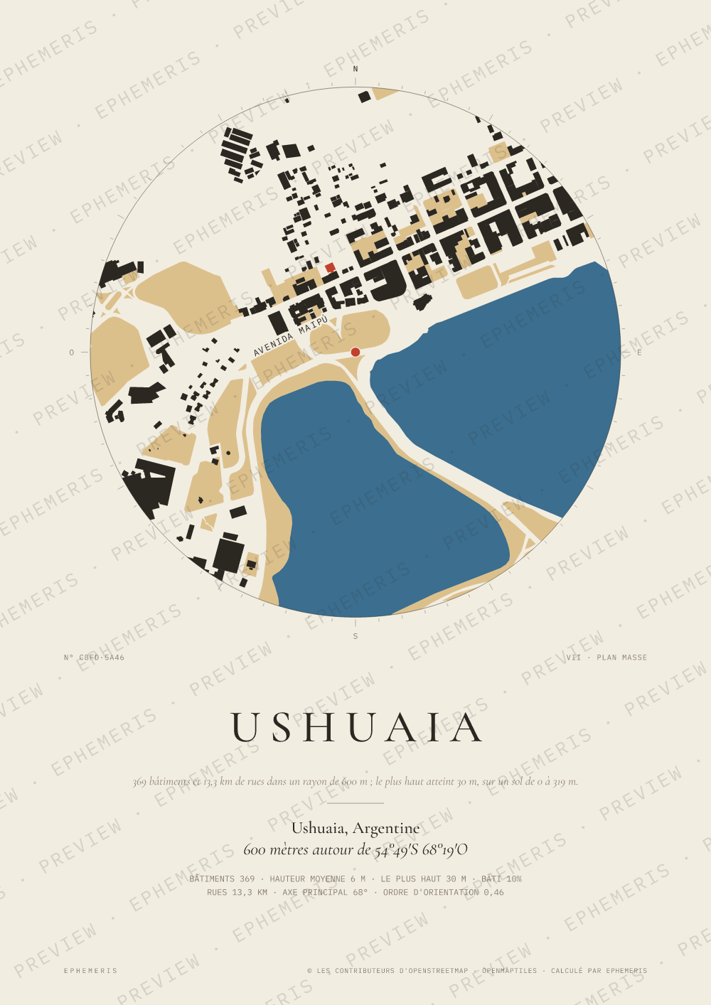Affiche carte de Ushuaia : la ville dessinée en plan