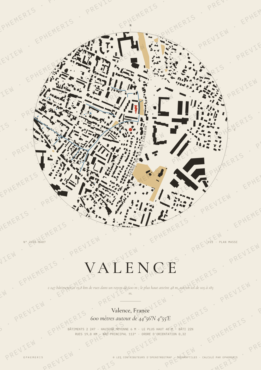 Affiche carte de Valence : la ville dessinée en plan