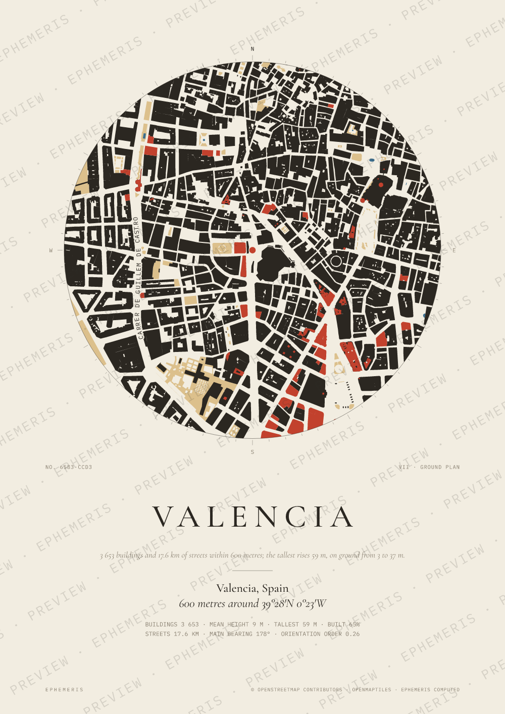 Valencia map poster: the city drawn as a plan