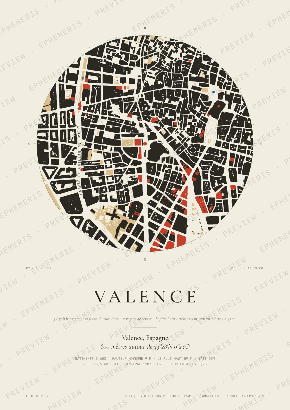 Affiche carte de Valence : la ville dessinée en plan